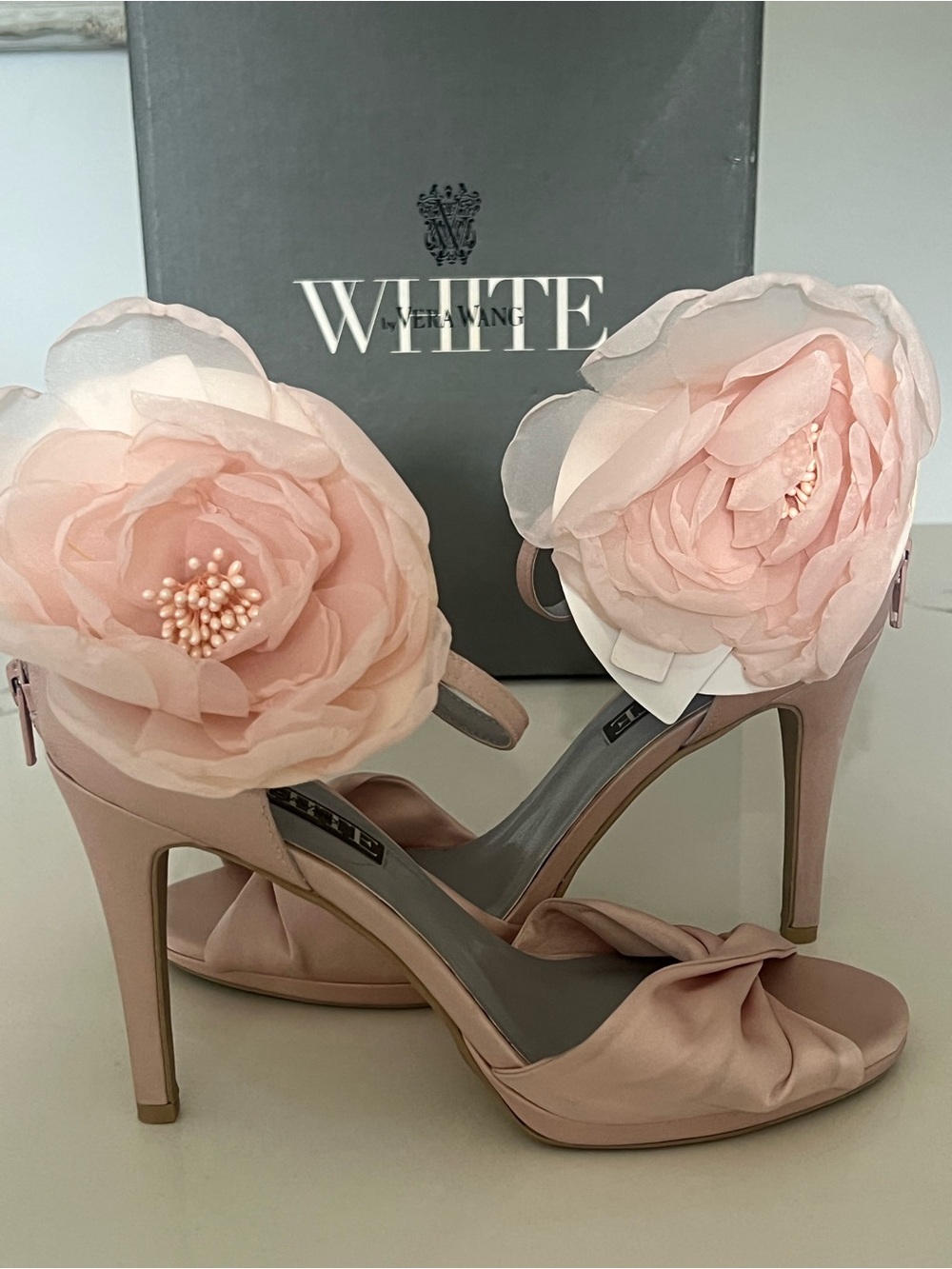 Vera Wang Satin Blush Heel w/ Chiffon Floral Appliqué